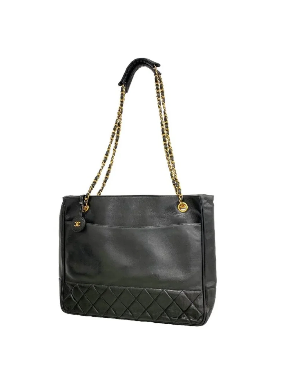 Chanel Chain Tote Bag Quilted Lambskin Black Gold